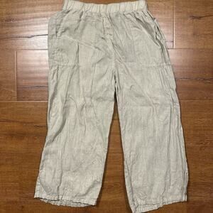 Cut Loose Cropped Wide Leg Linen Pants Womens XS Khaki Pockets Pull On Tropical